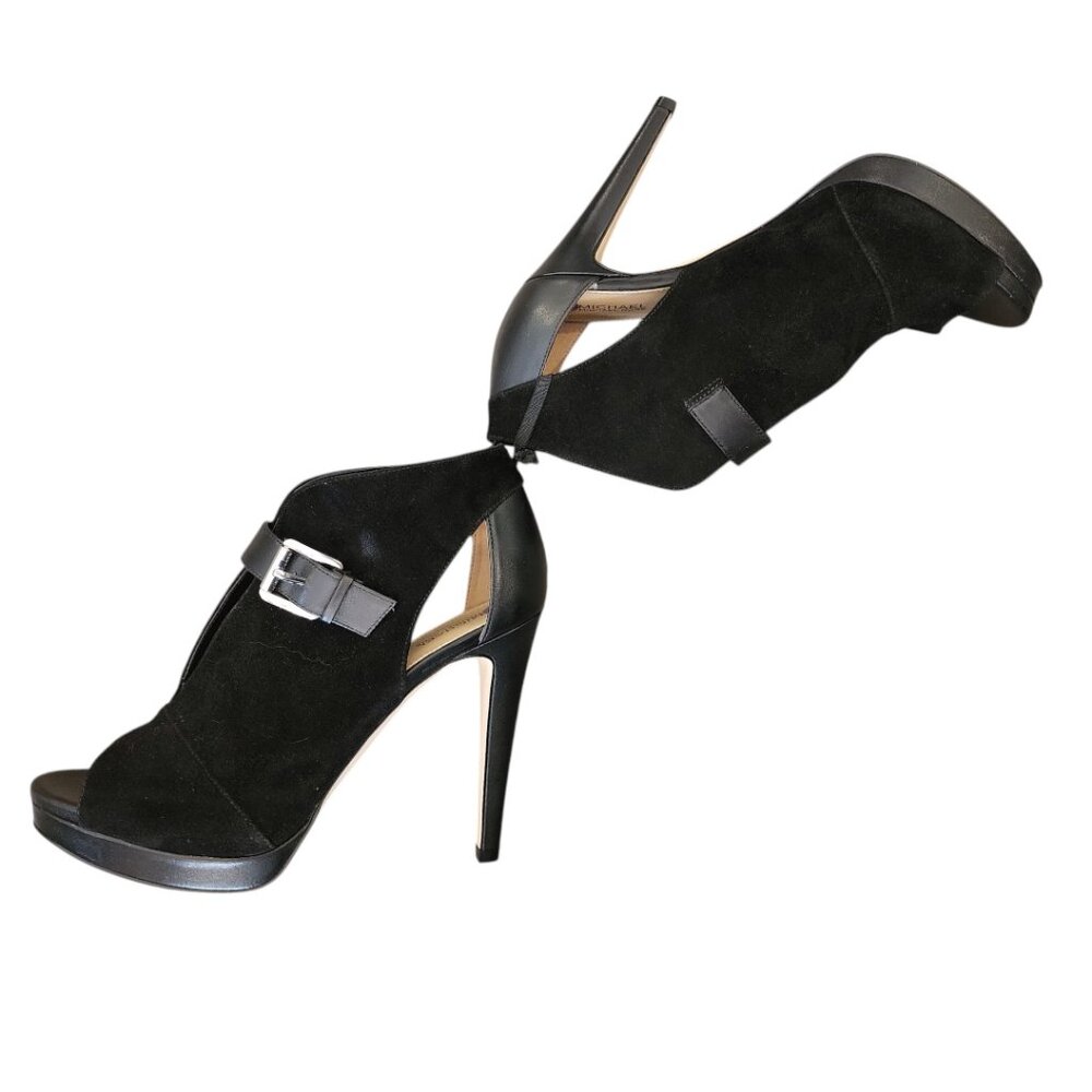 New MICHAEL Kors Black Suede Leather Isabella Open Peep Toe Heels Bootie Shoes - Picture 3 of 16